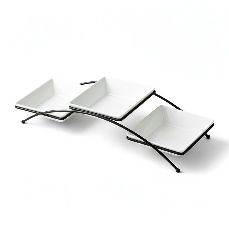 Shallow Serving Bowl Set – 3PCS Square 14cm Porcelain & New Bone China Bowls with Metal Stand for Dates, Sweets, Eid & Family Gatherings - Image 1